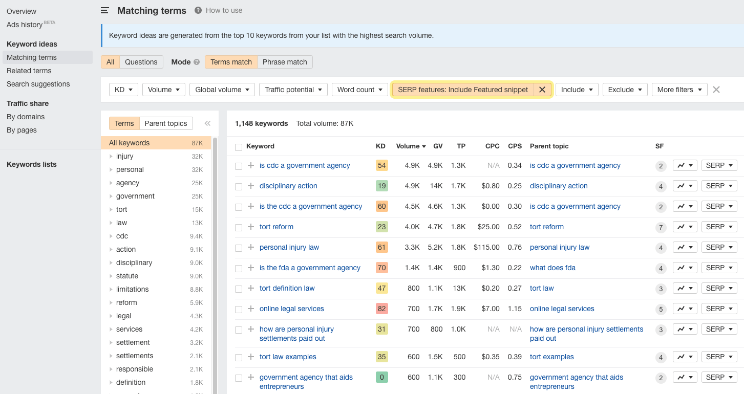 Matching terms report results with "SERP features" filter applied 