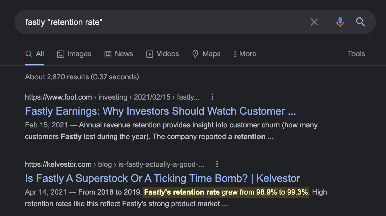 Google SERP for "fastly 'retention rate'"