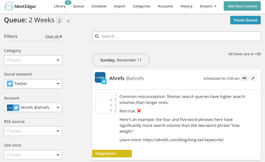 Página no MeetEdgar para agendar postagens. Filtros suspensos à esquerda e visualização da postagem à direita.