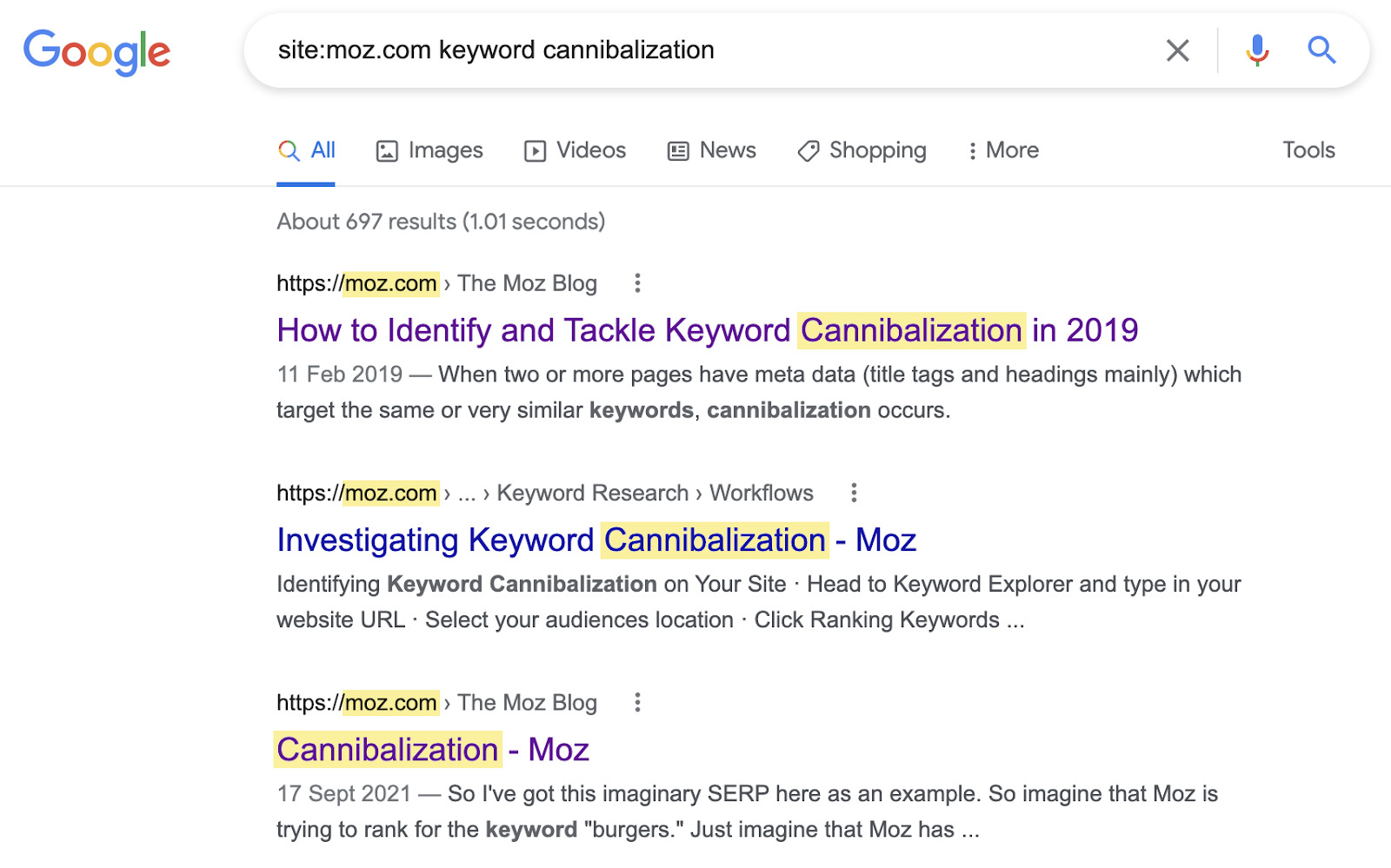 Google SERP for moz.com + keyword cannibalization