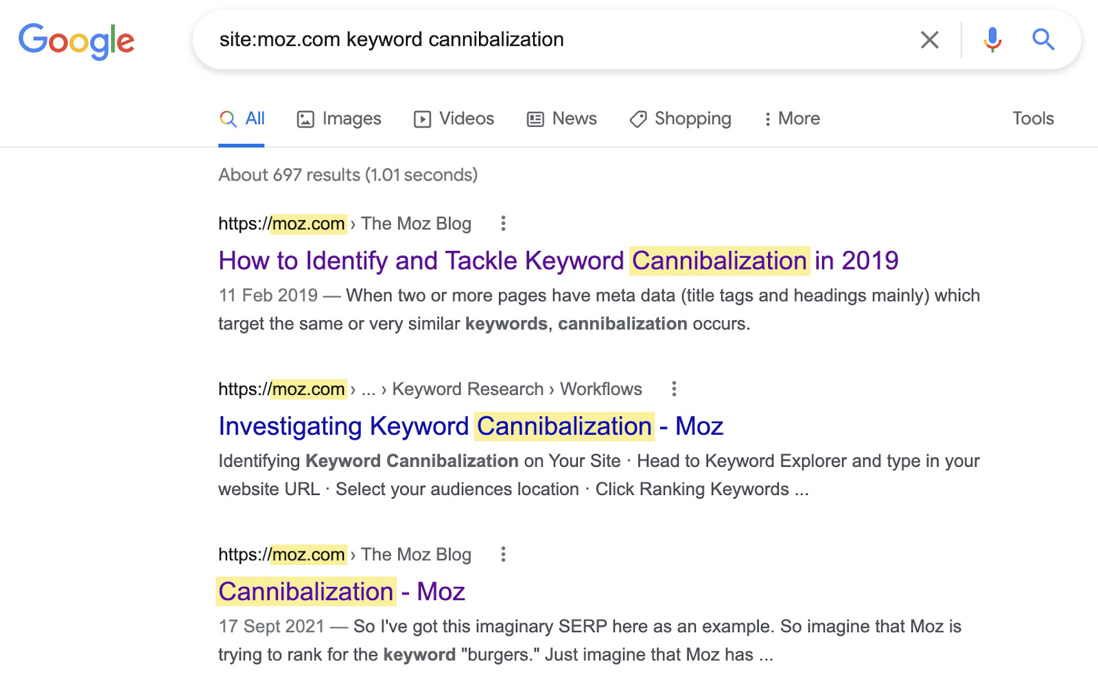 SERP do Google para moz.com + canibalização de palavras-chave