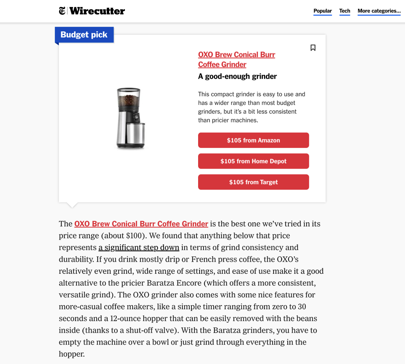 Picture of coffee grinder. Brief write-up next to picture. Below write-up are three links leading to various sites where consumers can purchase the grinder 