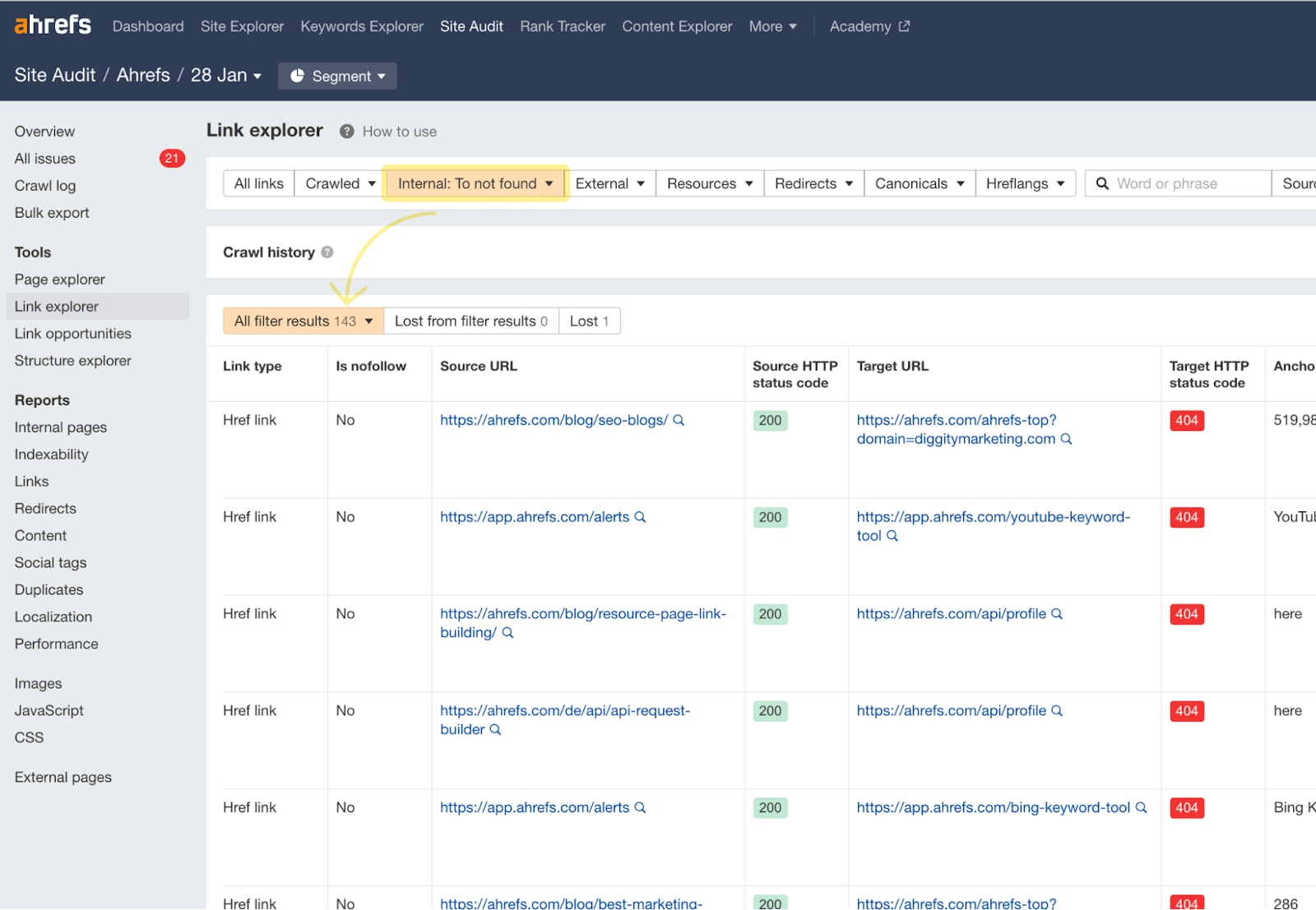 Resultados do relatório do explorador de links