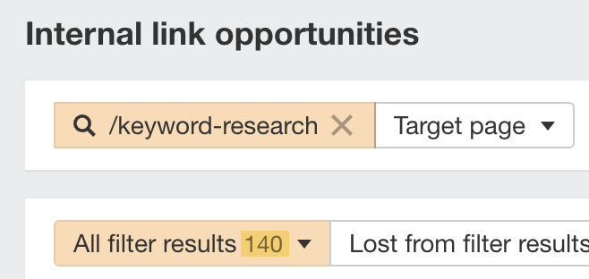 Internal linking opportunities to our keyword research guide via Ahrefs' Site Audit