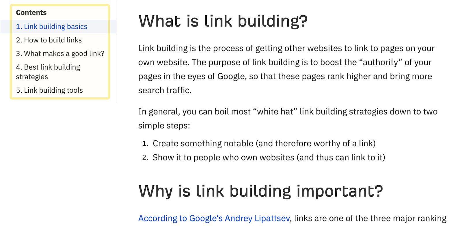 Excerpt of Ahrefs' link building blog post; clickable ToC on the left 