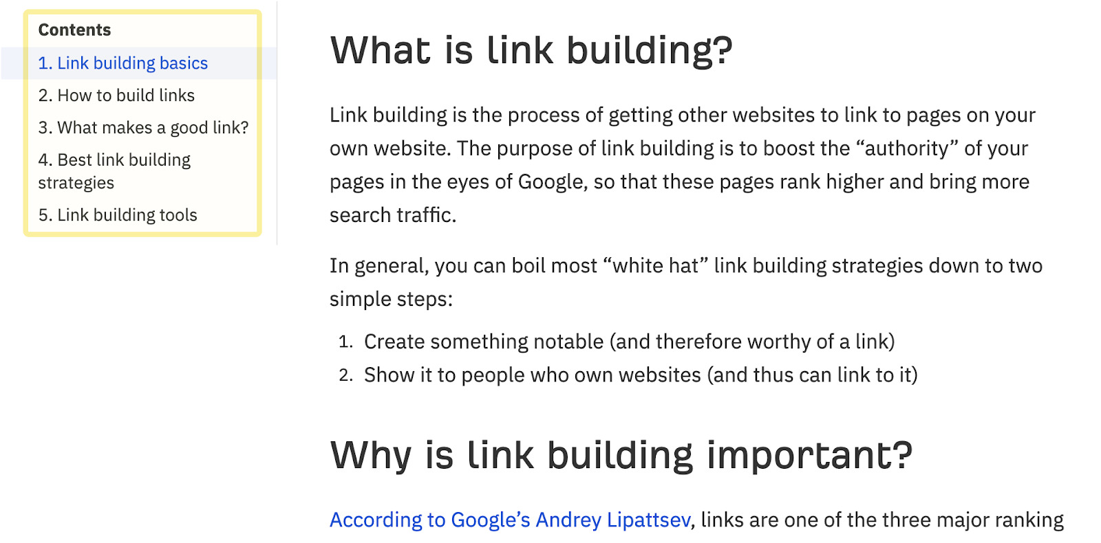 Ahrefs'in bağlantı kurma blog gönderisinden alıntı;  soldaki tıklanabilir ToC 