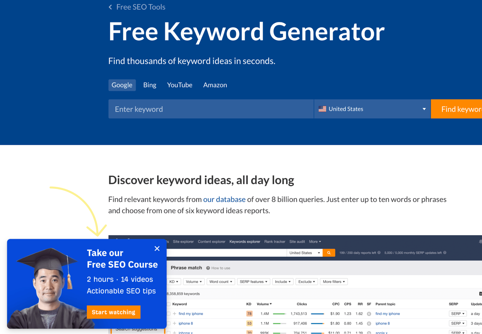 Banner of Ahrefs' SEO course on our "Free Keyword Generator" page 