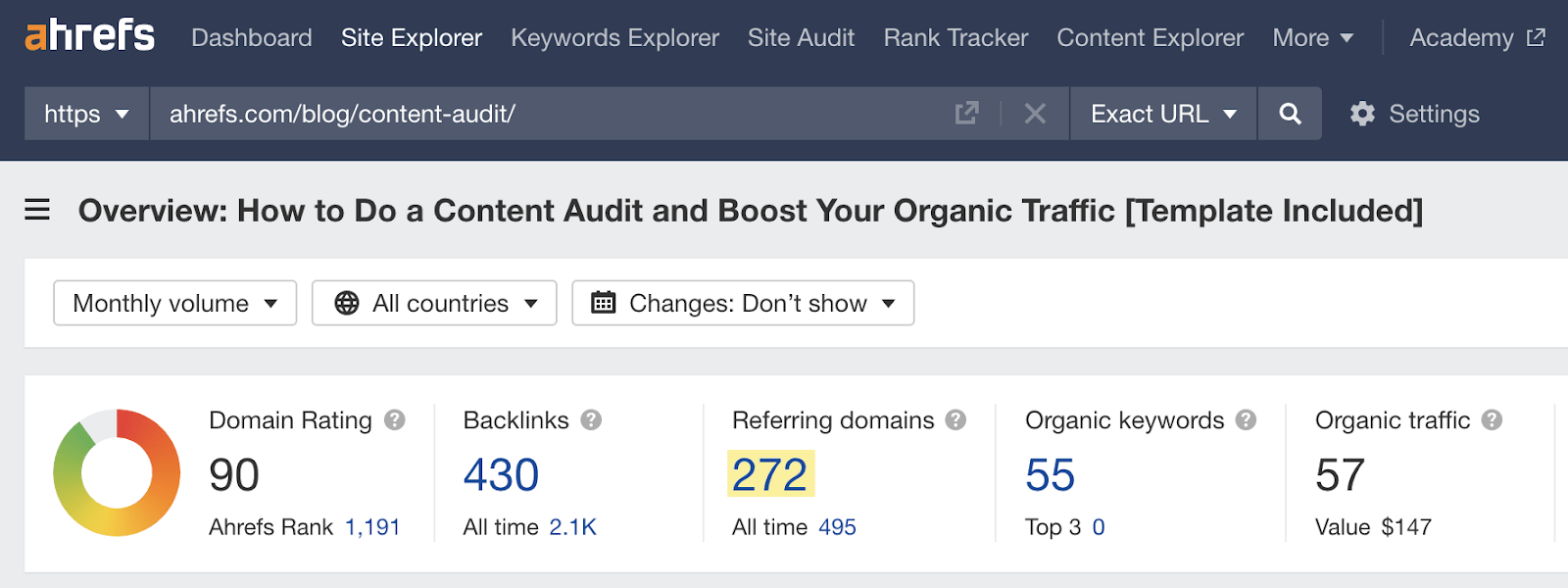 Site Explorer overview for blog post on content audit 