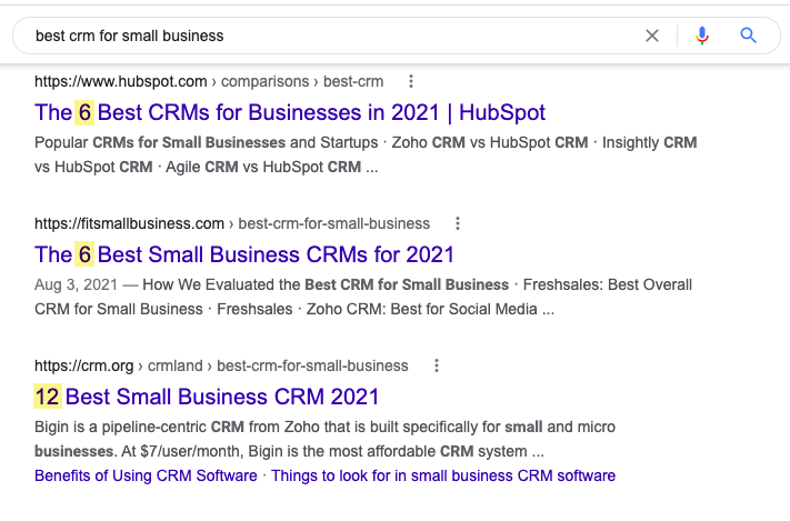 için Google SERP "küçük işletmeler için en iyi crm"