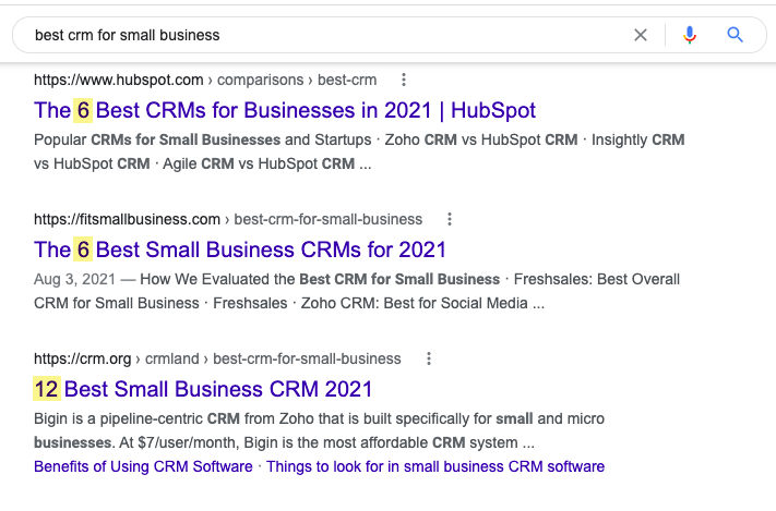 için Google SERP "küçük işletmeler için en iyi crm" 