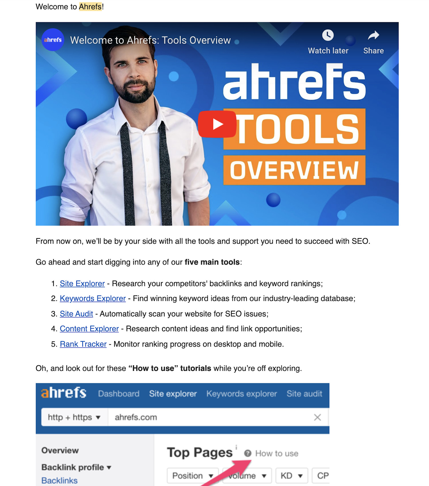 Ahrefs' onboarding email. 