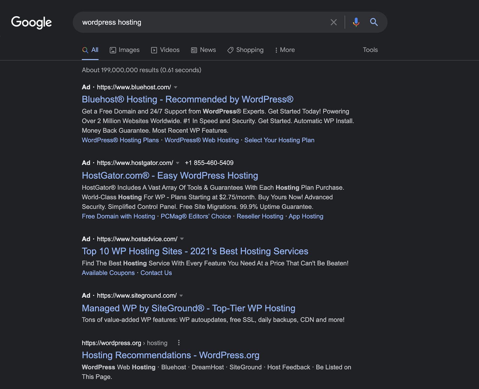 Google SERP for search term "wordpress hosting" 