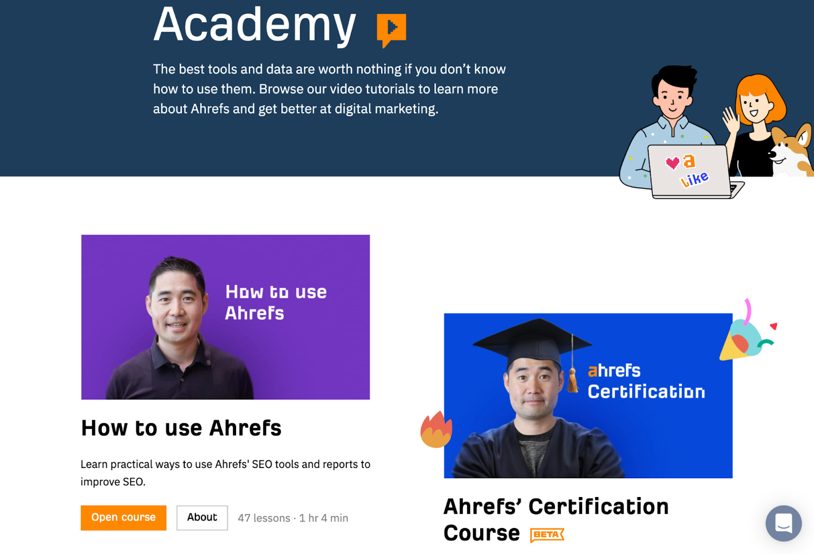 Ahrefs Academy page with Sam's picture and link to each course
