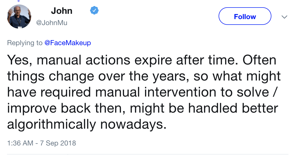 John Mueller confirming that manual actions do expire, but algorithm actions don’t
