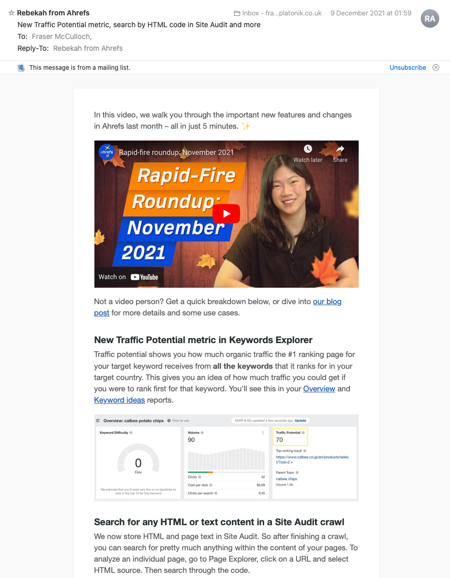 Ahrefs weekly newsletter: Rapid fire roundup for Nov 2021 at top; at bottom, writeup on Traffic Potential metric and Site Audit crawls 