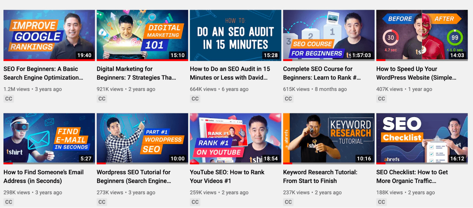 Two rows of Ahrefs' YouTube videos in grid format