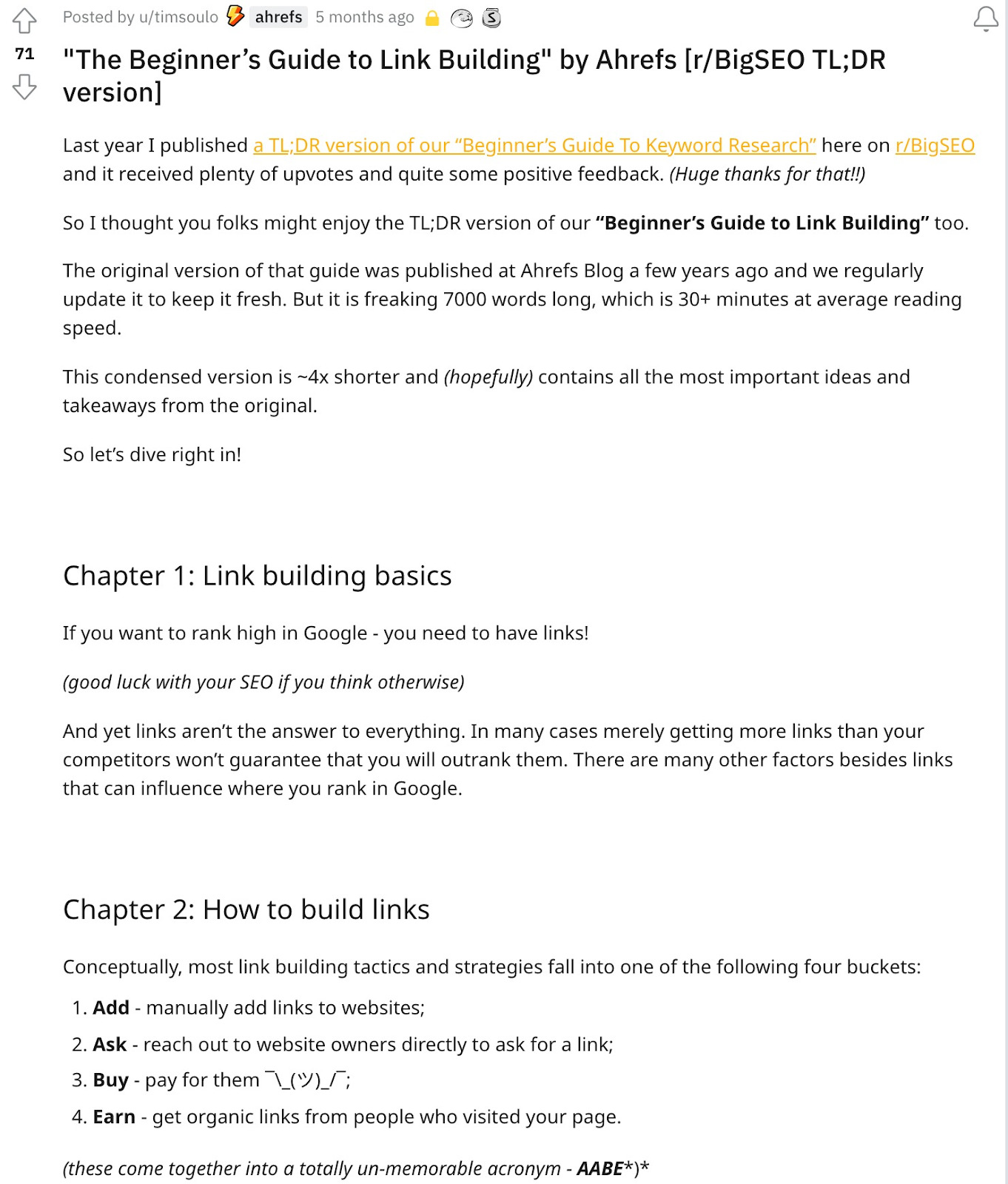 Tim's Reddit post on Ahrefs' guide to link building 