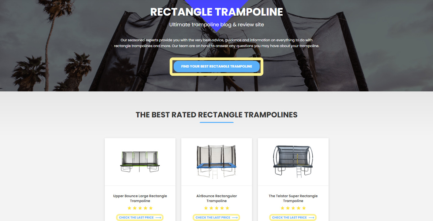 CTA to find best rectangle trampoline on an affiliate site webpage 