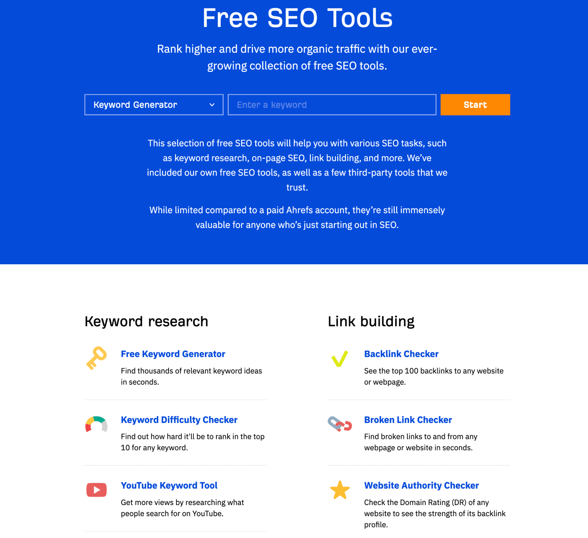 Página de destino das ferramentas gratuitas de SEO da Ahrefs