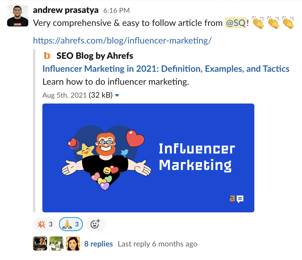 Someone shares SQ's article about influencer marketing on Slack 