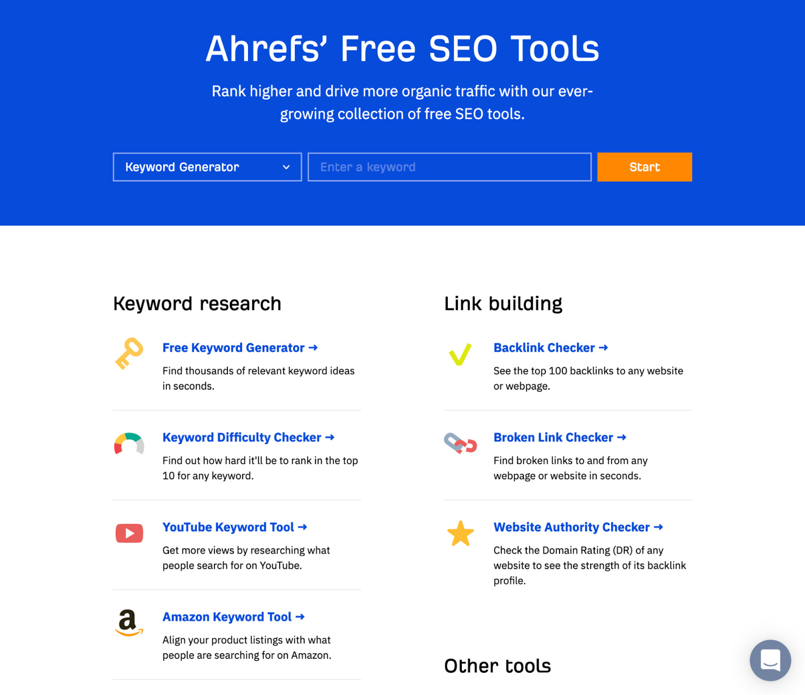 Excerpt of page showing Ahrefs' free tools for keyword research and link building