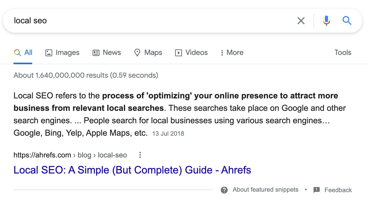 Google SERP for keyword "local seo"; note Ahrefs' article in search results 