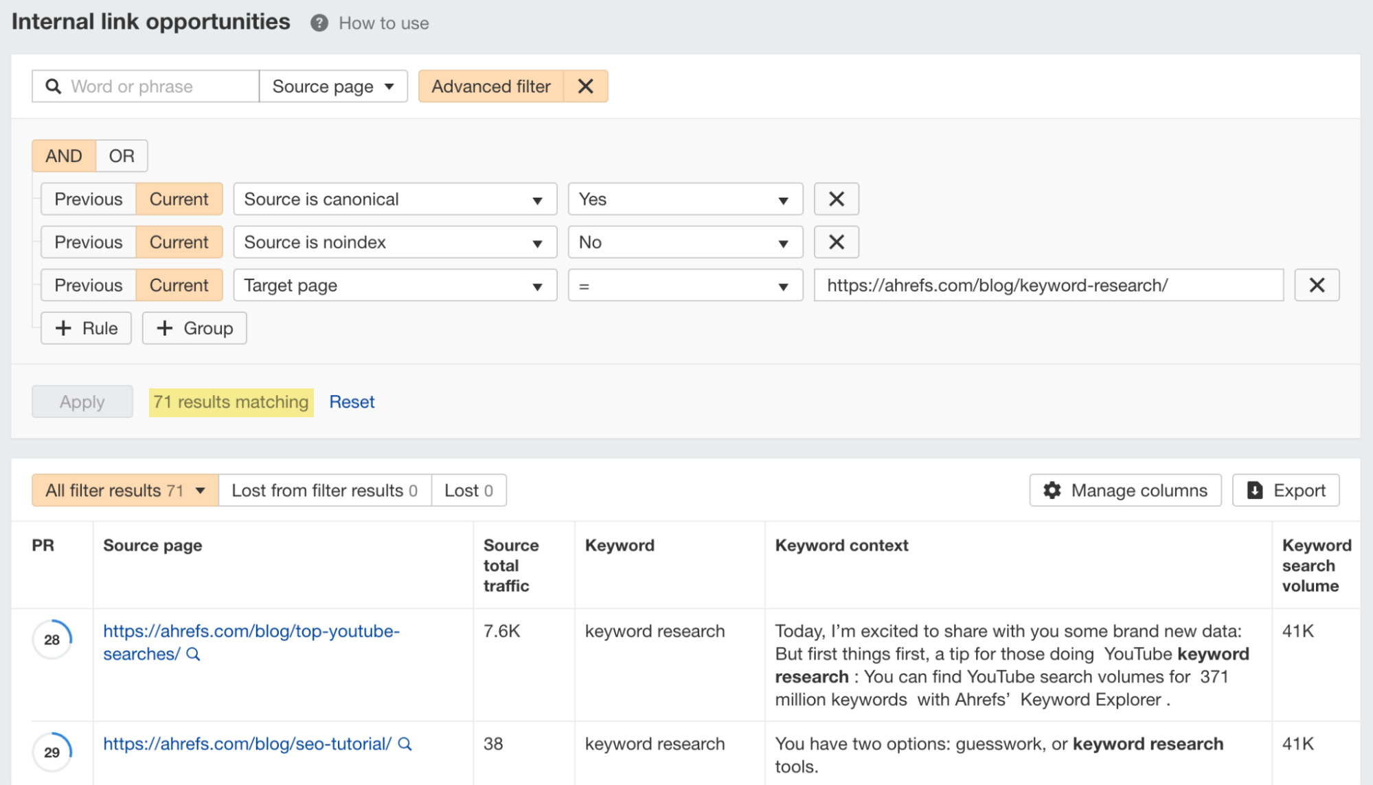 Encontrando oportunidades de links internos usando o relatório Internal Link Opportunities na Auditoria de sites do Ahrefs