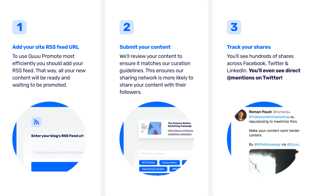 Webpage showing three steps to use Quuu Promote 