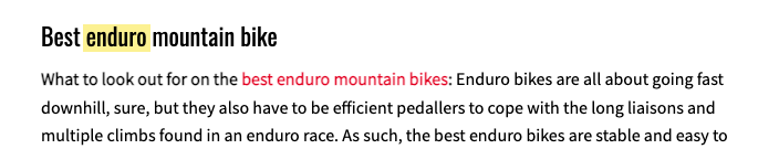 Subheading showing seed keyword "enduro" in an article excerpt 