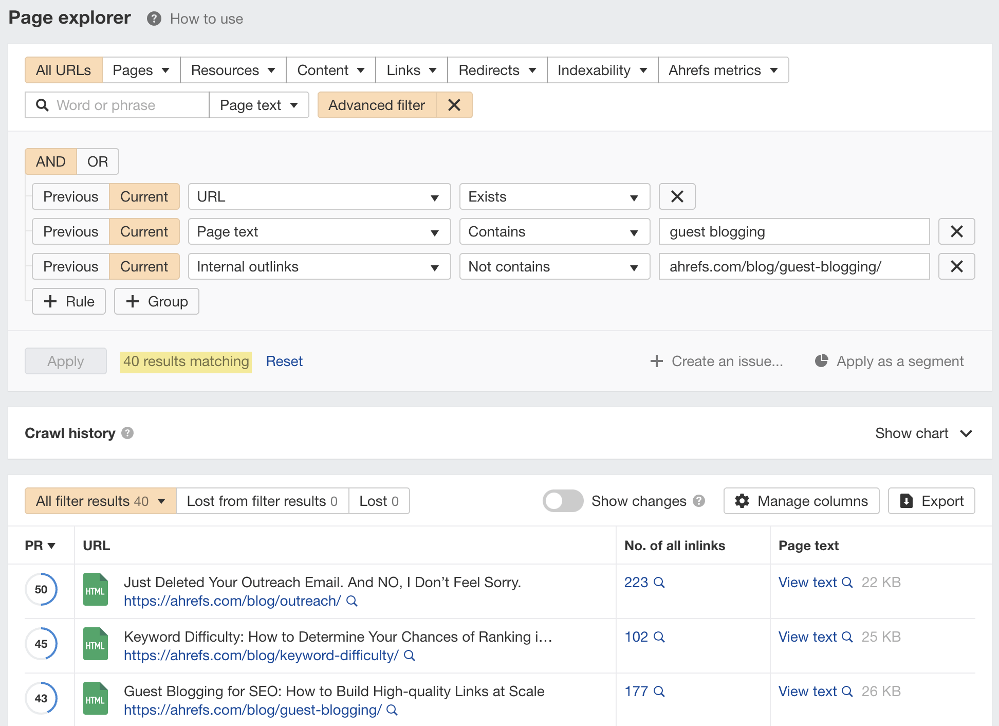 Finding internal linking opportunities using the Page Explorer report in Ahrefs' Site Audit