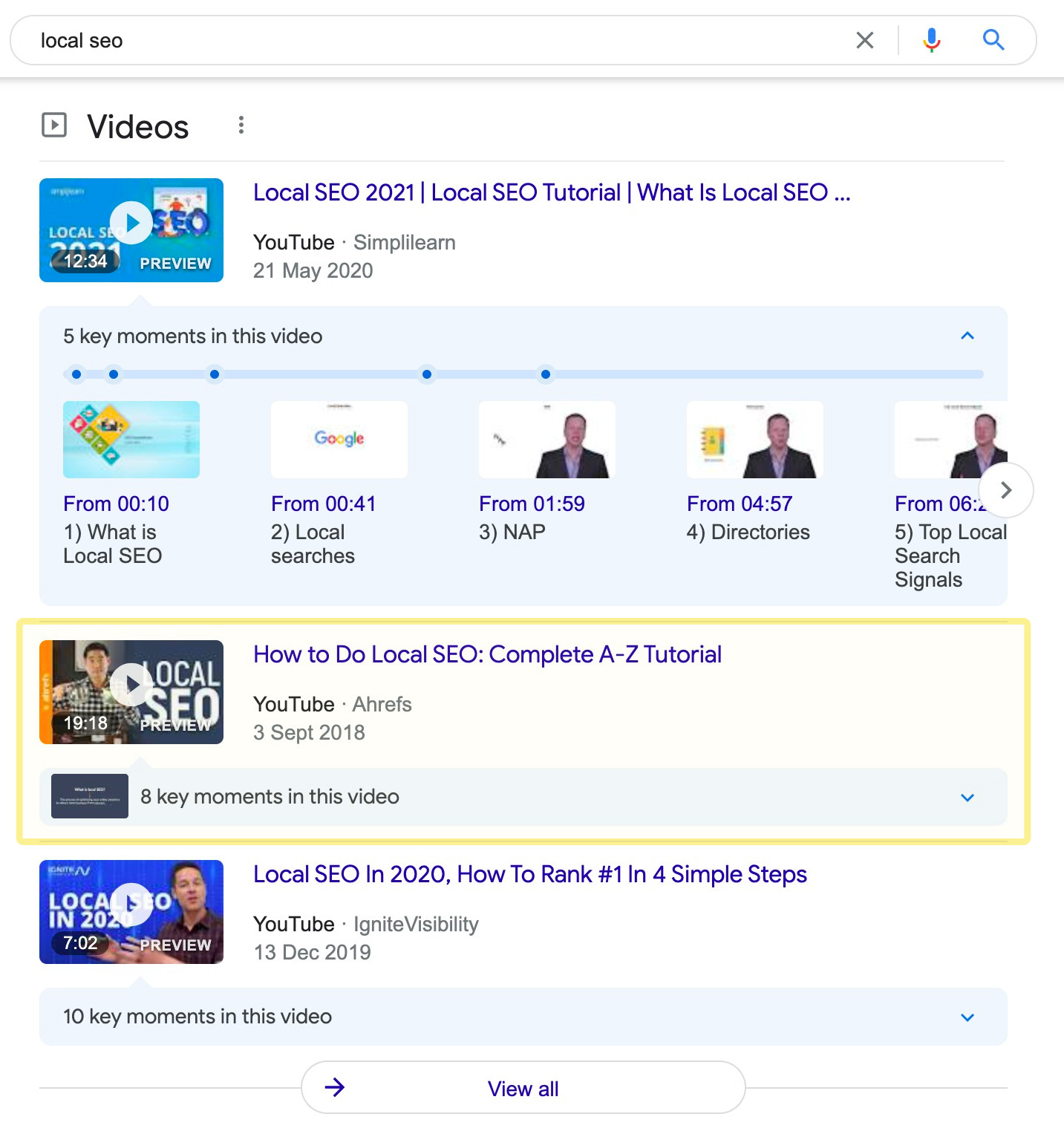Google SERP for keyword "local seo"; note Ahrefs' video in search results 