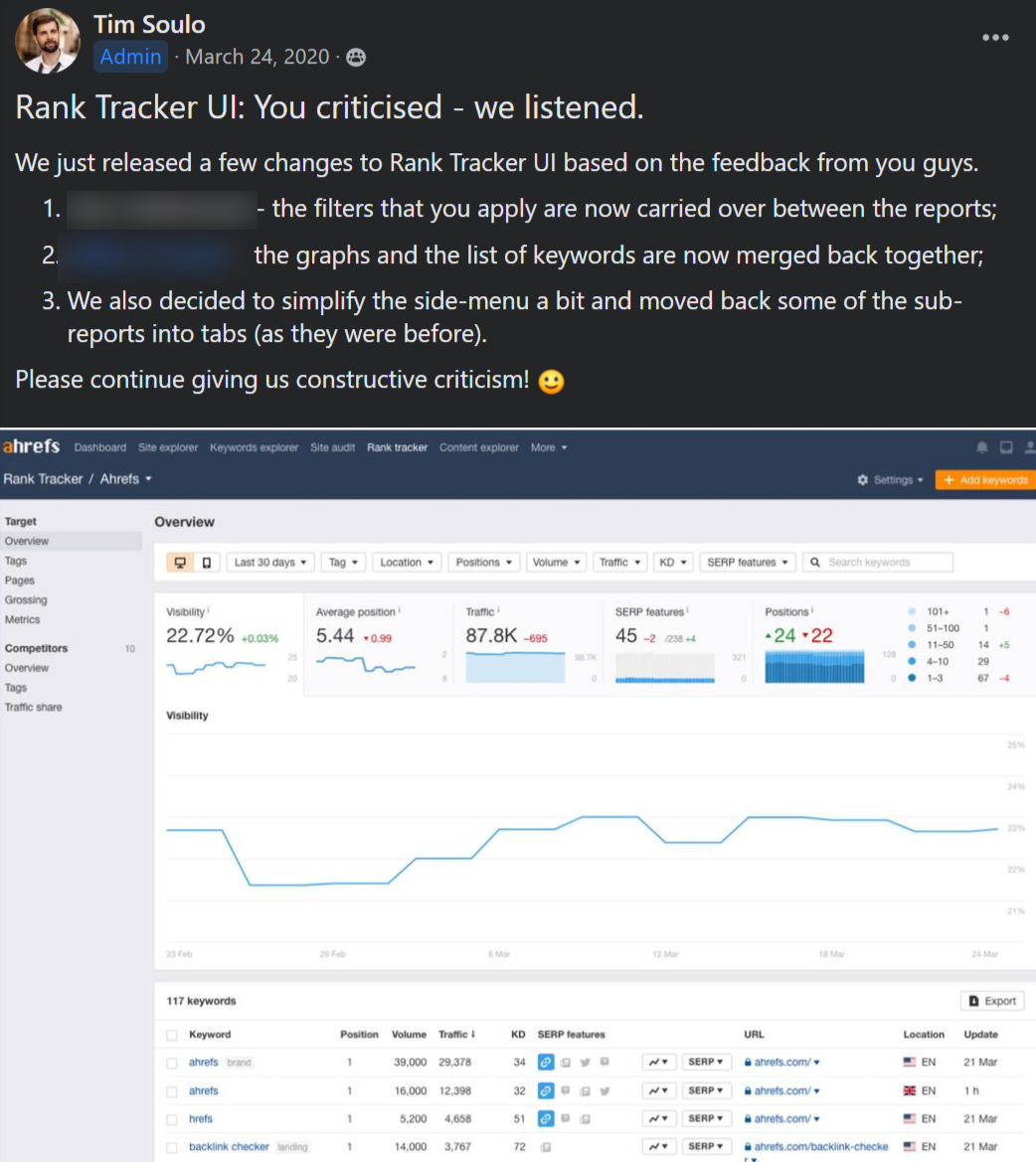 Tim's post about Rank Tracker UI on Ahrefs Insider 