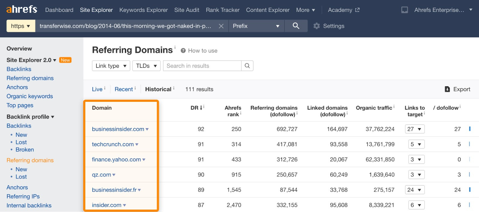 Referring domains report results 