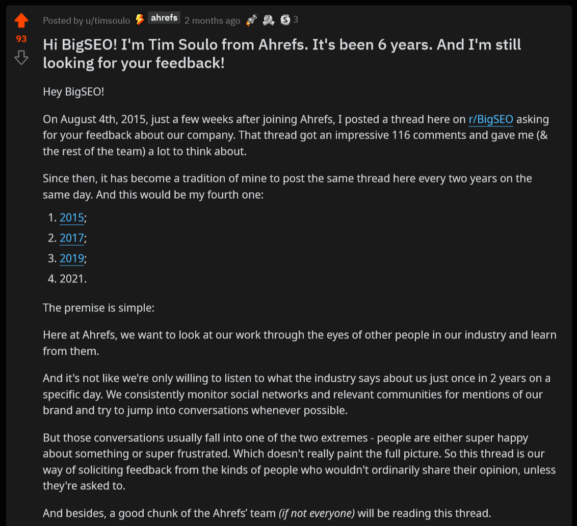 Tim's post on BigSEO subreddit where he asks for feedback