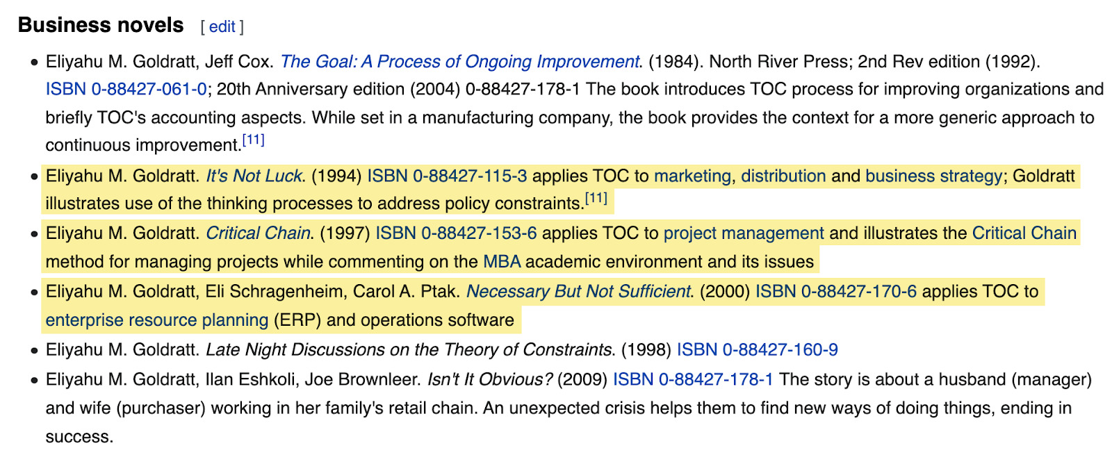 List of business novels on a Wiki page 