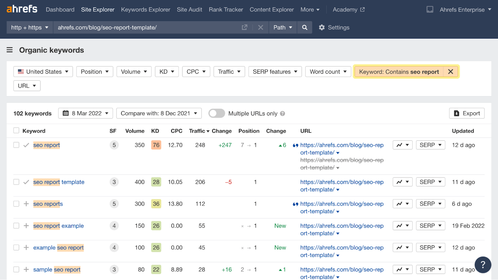 Organic keywords report results 