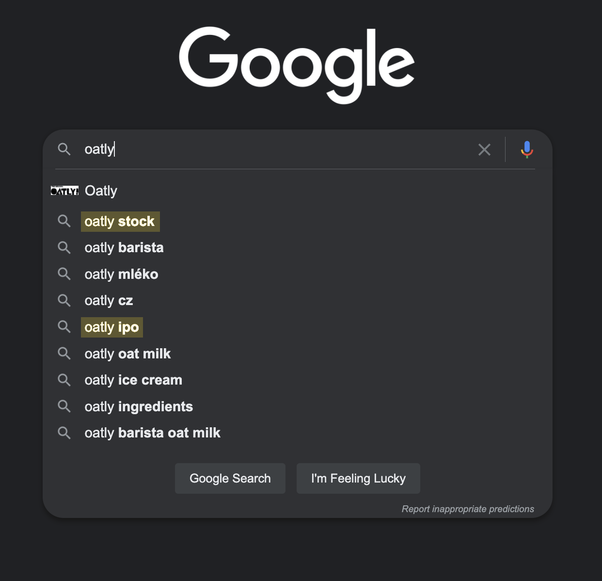 Search term "oatly" in text field on Google