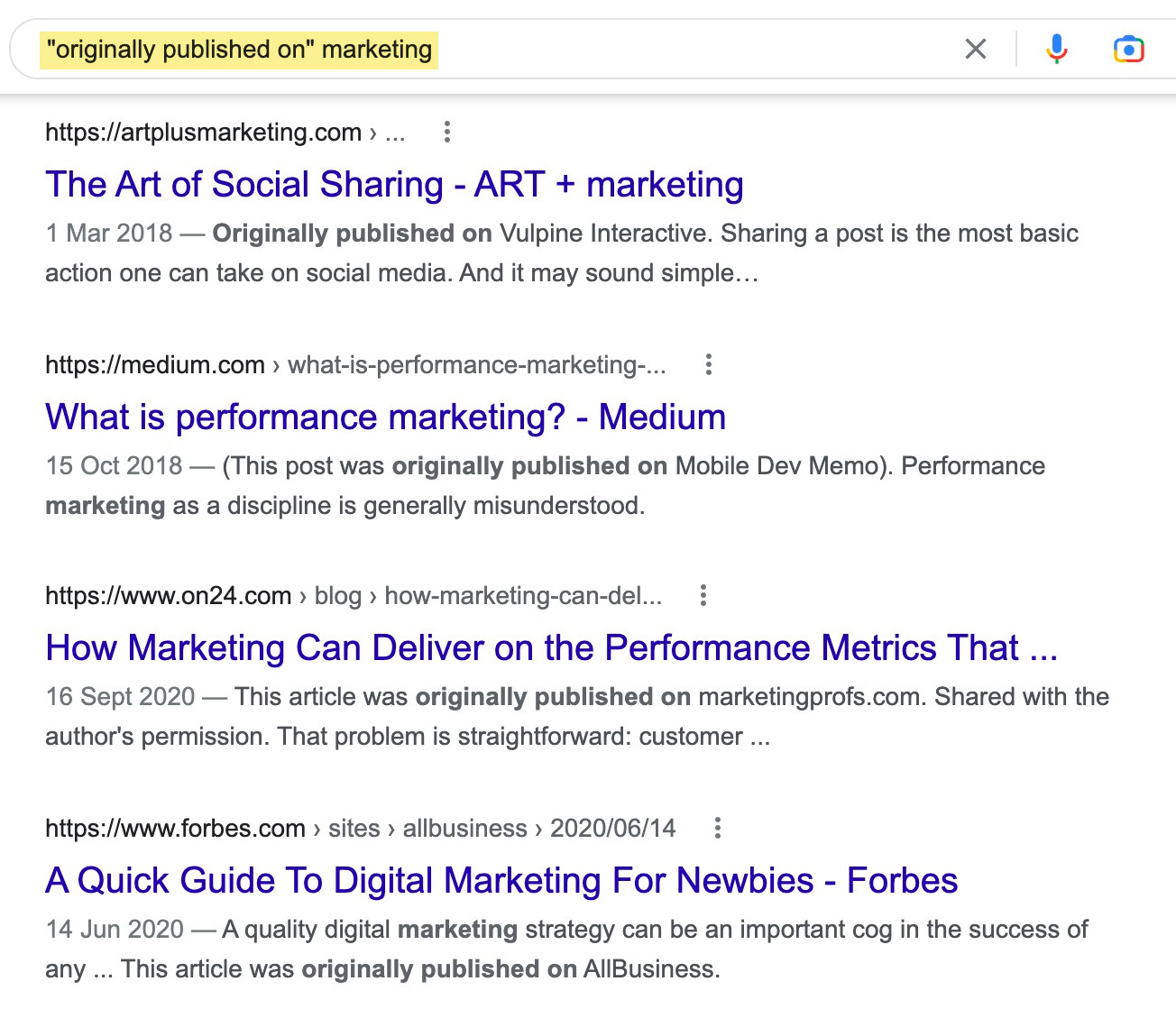 Google SERP for "'originally published on' marketing"