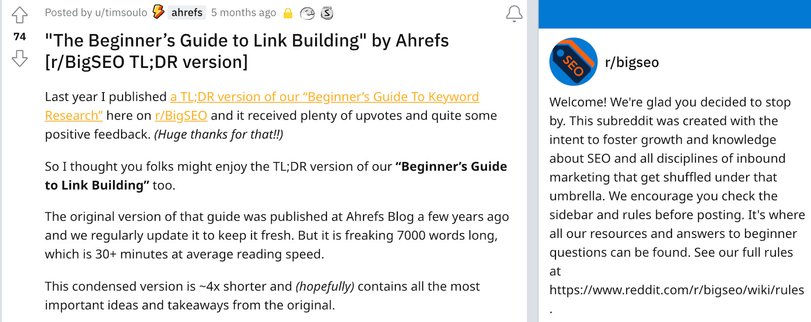 Tim's post about link building on r/bigseo