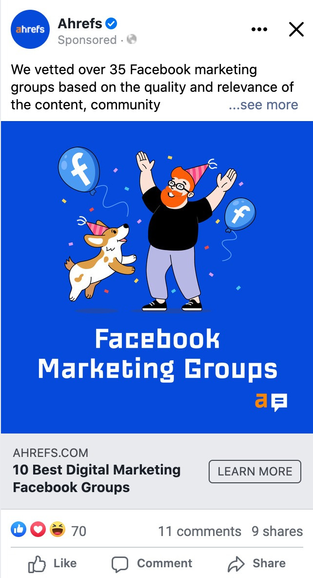 Facebook ad of Ahrefs' "best digital marketing Facebook groups" article