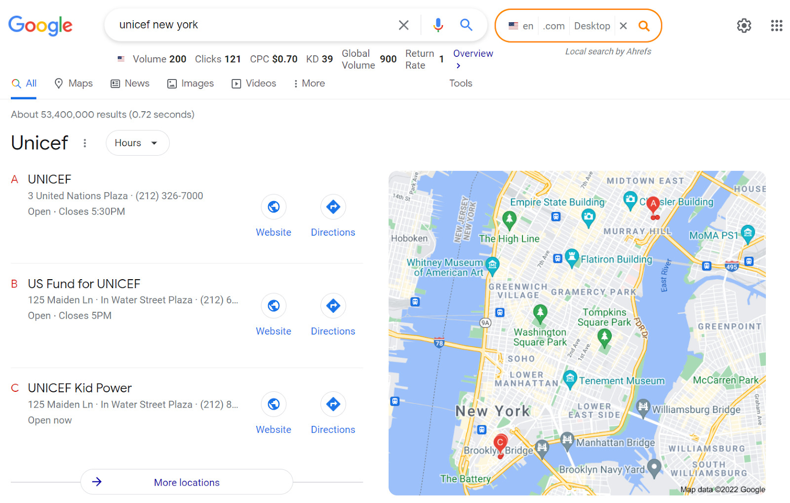 Pacote de mapas do Google para a palavra-chave "unicef ​​new york"