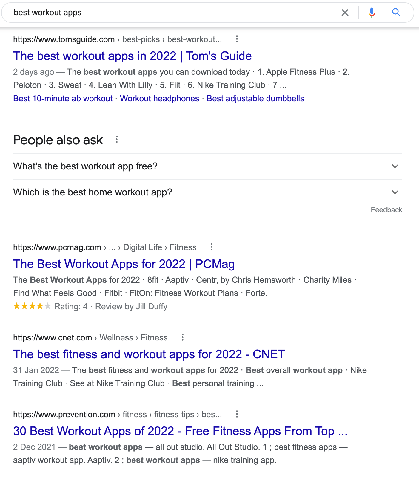 Example of SERPs for "best workout apps" using clickworthy titles to get more blog traffic.