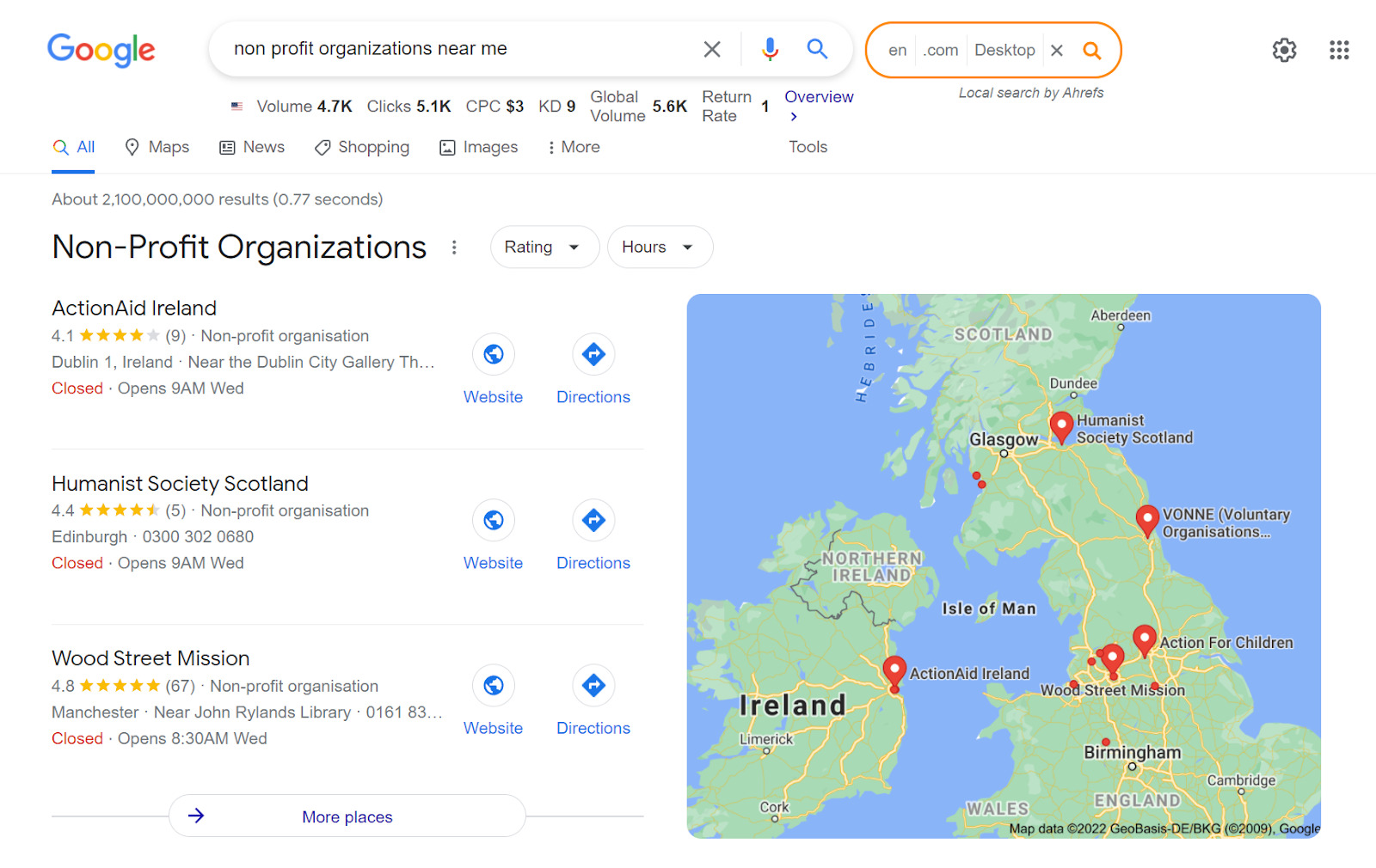 Google map pack for keyword "non profit organizations near me" 