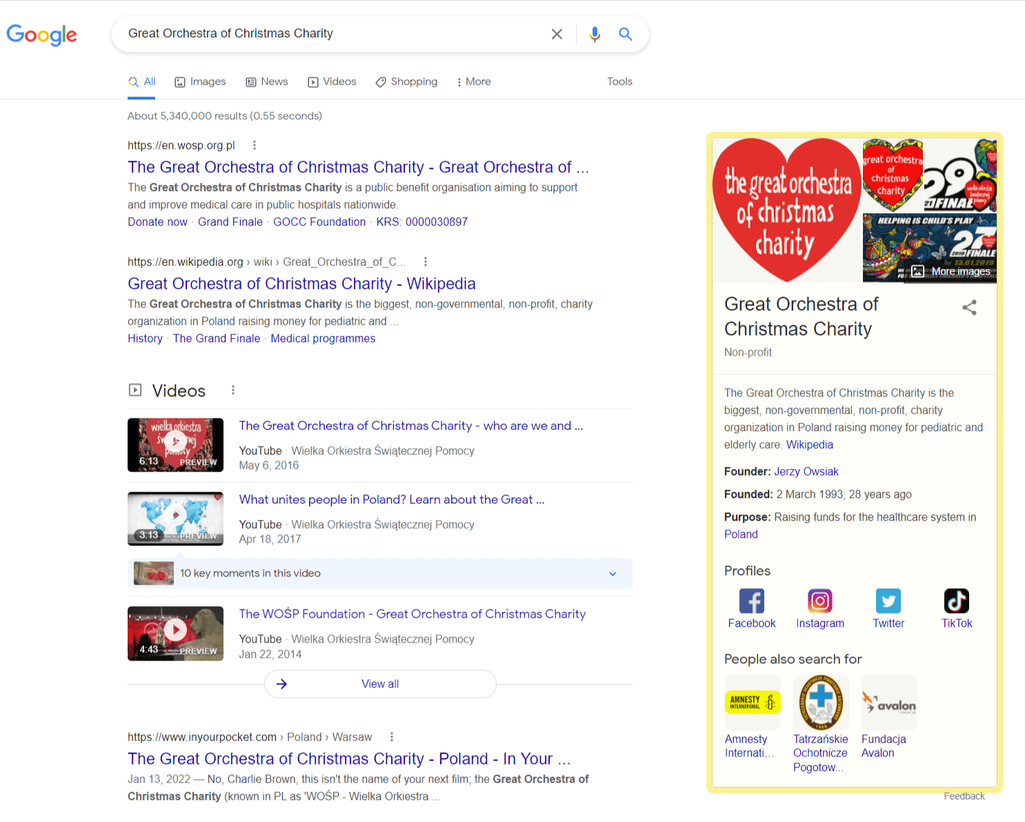 Google Knowledge Panel for search term "Great Orchestra of Christmas Charity"