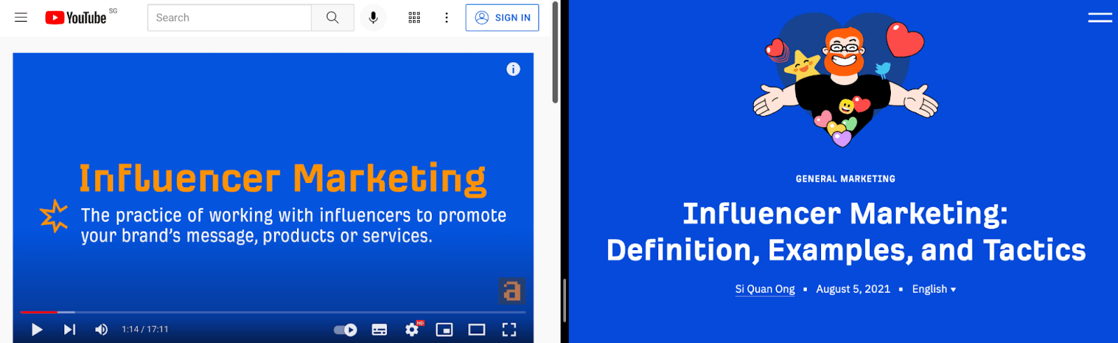 Excerpt of Ahrefs' YouTube video and Ahrefs' blog article on influencer marketing