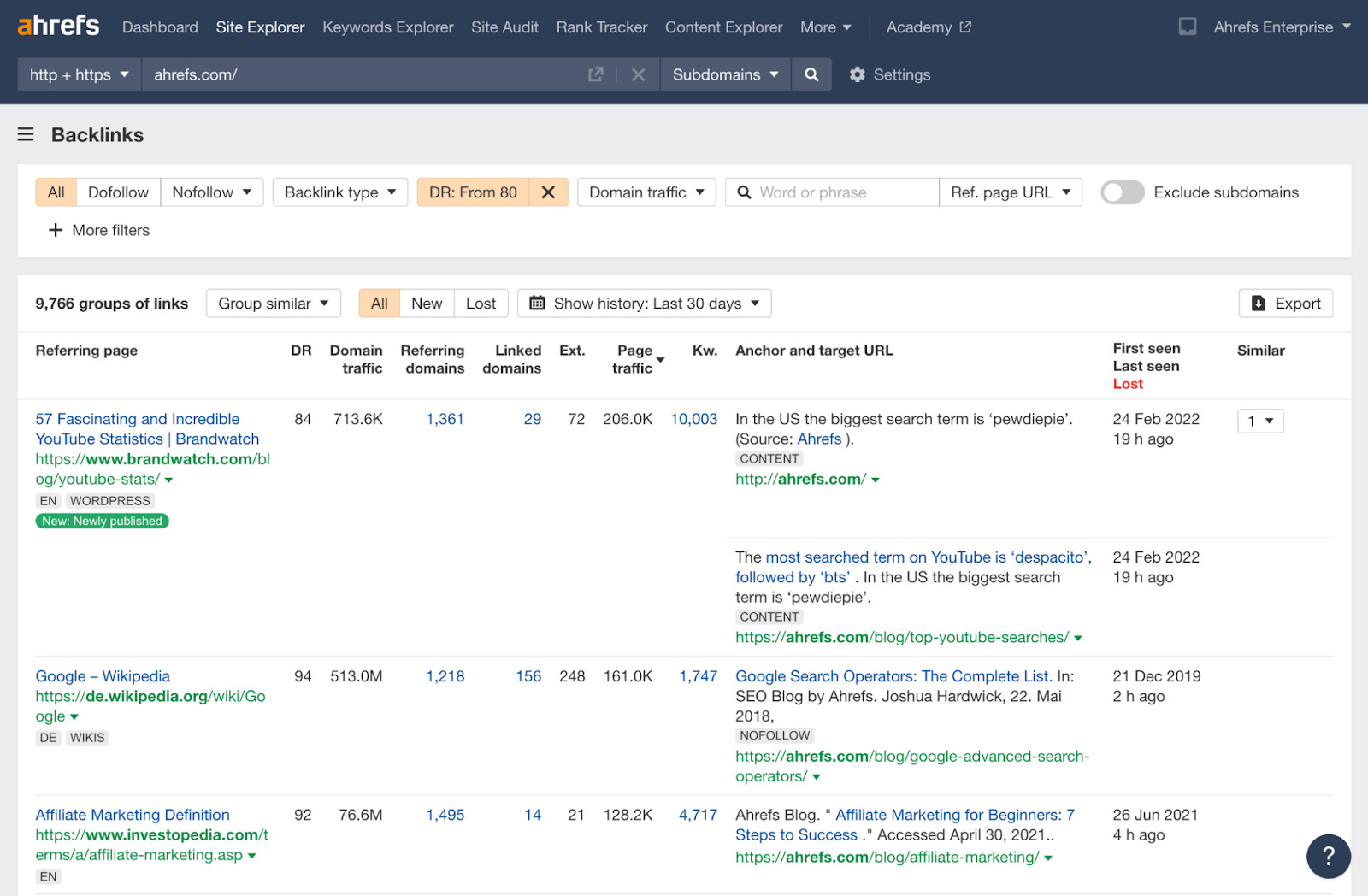 Resultados do relatório de backlinks