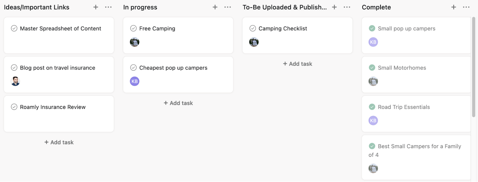 Content planning board showing 4 columns titled "Ideas/Important Links," "In progress," To-Be Uploaded and Published," and "Complete," respectively 