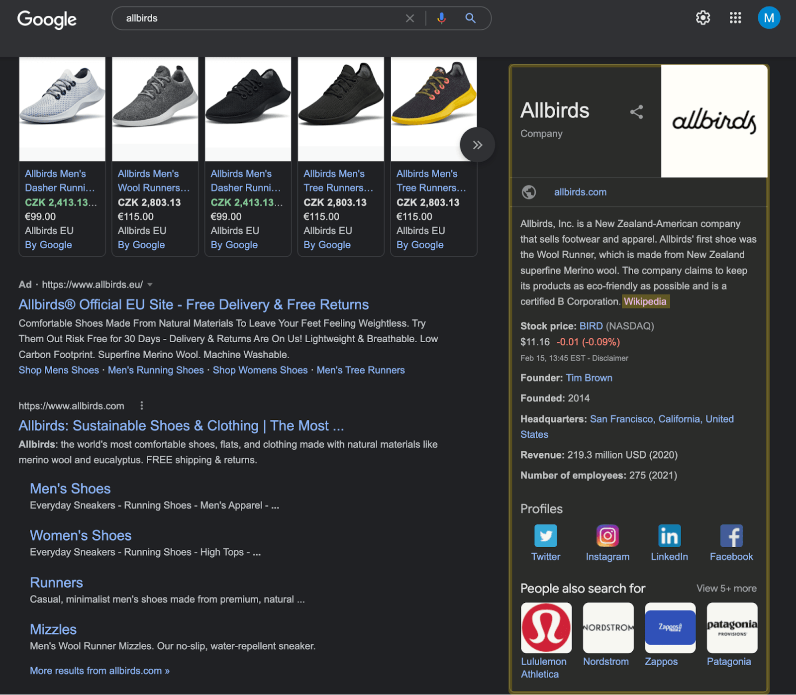 Knowledge panel for Allbirds on Google SERP