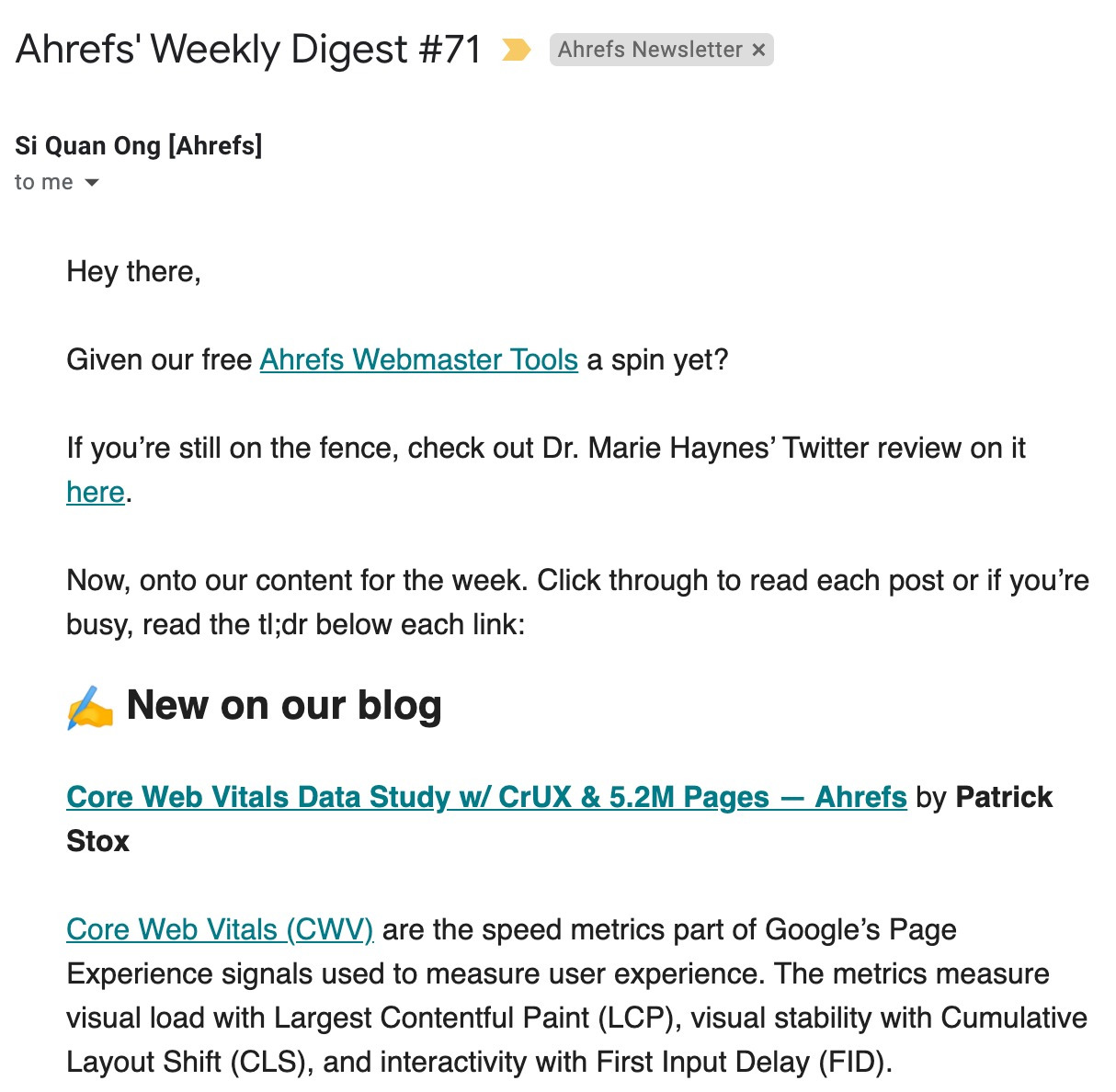 Excerpt of Ahrefs' weekly newsletter