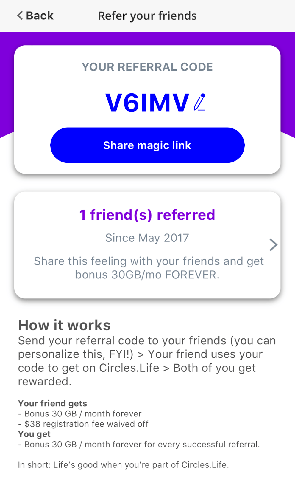 Excerpt of referral page: top of page shows referral code, middle shows no. of friends referred; bottom is write-up of how referral program works 